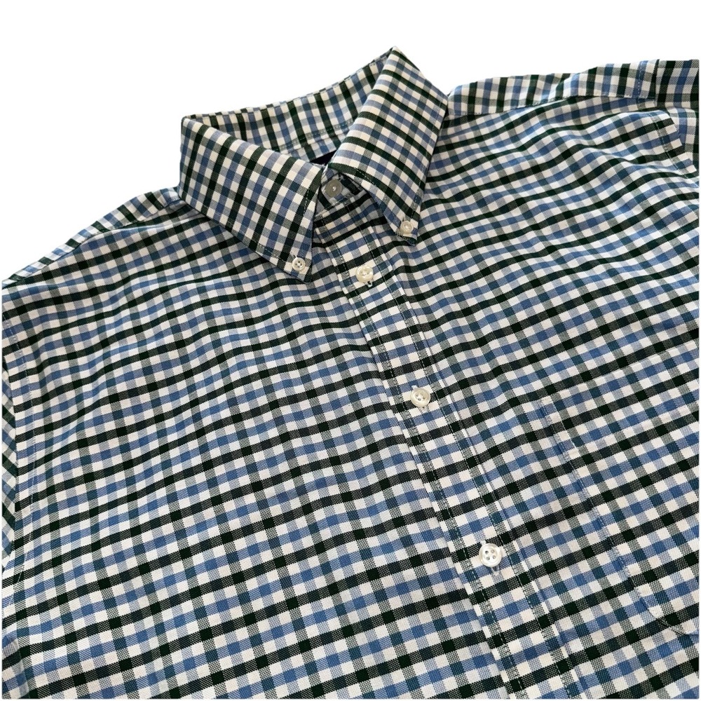 Stafford Mens 2XL Oxford Dress Shirt Button Up Cotton Green Blue Gingham Plaid - Picture 7 of 16
